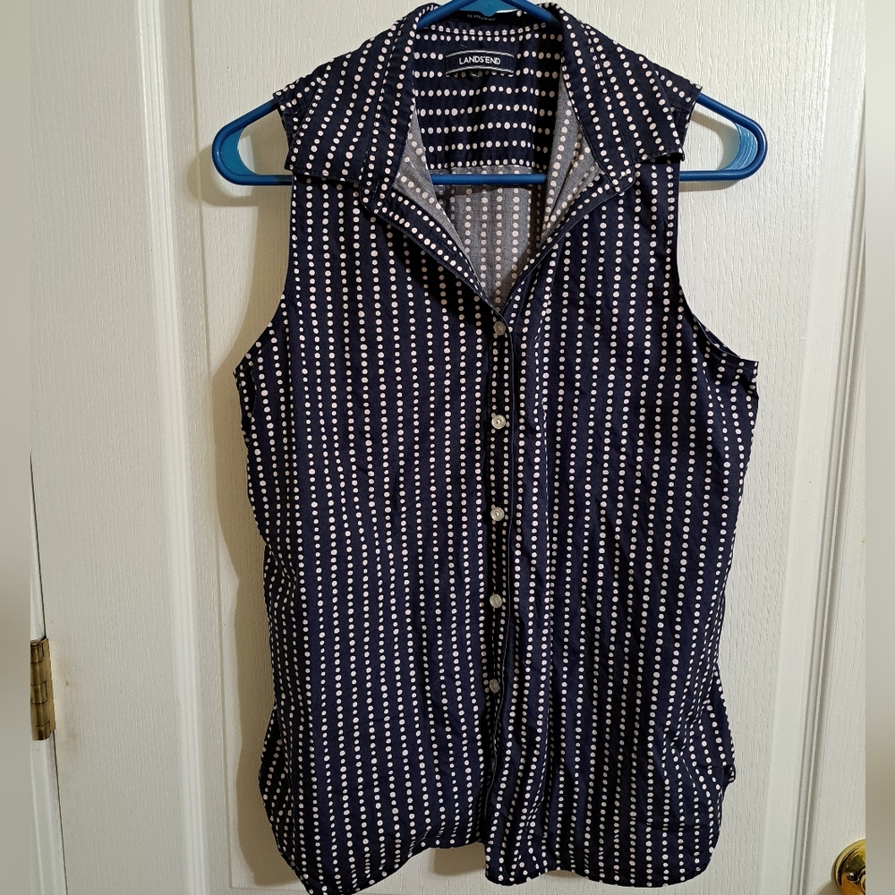 Lands' End Women's Button Down Blouse Sleeveless Polka Dot Blue Cotton